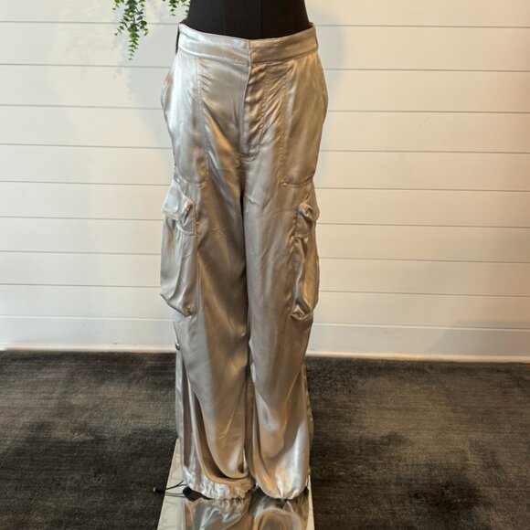 ZARA Cargo Pants Silver Satin Silky BRAND NEW WITH TAGS - Picture 1 of 4